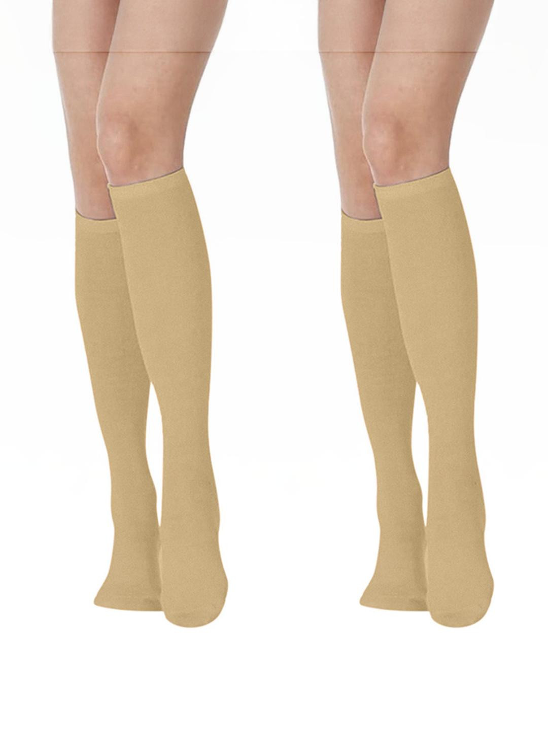 MUKHAKSH Girls 2 Pairs Lycra Knee Length Beige Socks