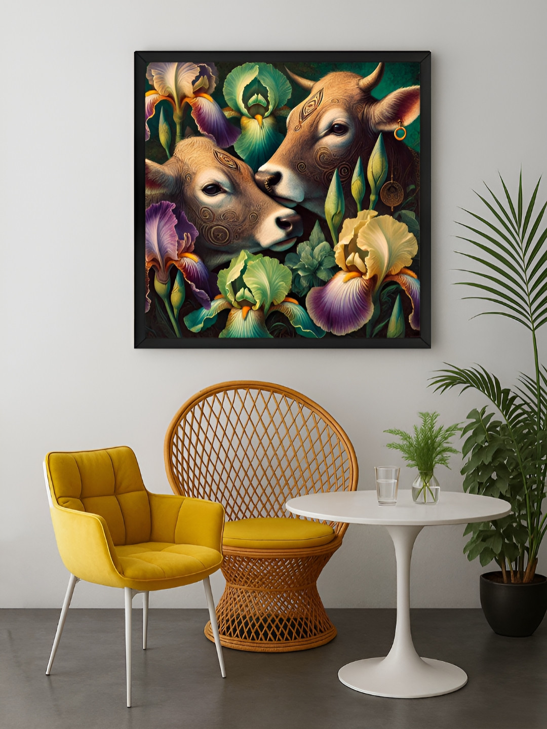 999Store Green & Brown Cows & Flowers Canvas Wall Art