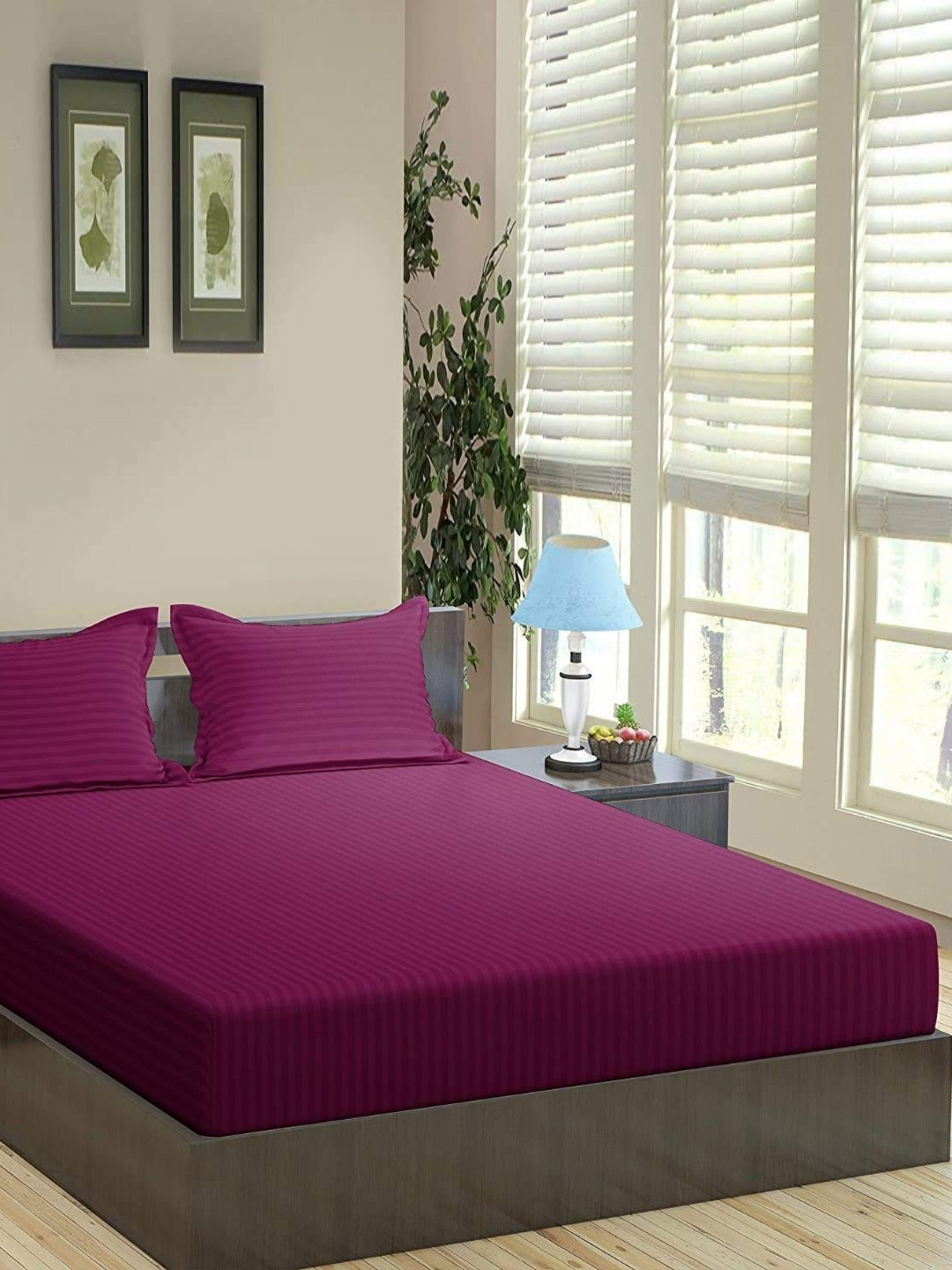Trance Home Linen Burgundy Striped Pure Cotton 200 TC Queen Bedsheet Set-2.64 m x 2.18 m