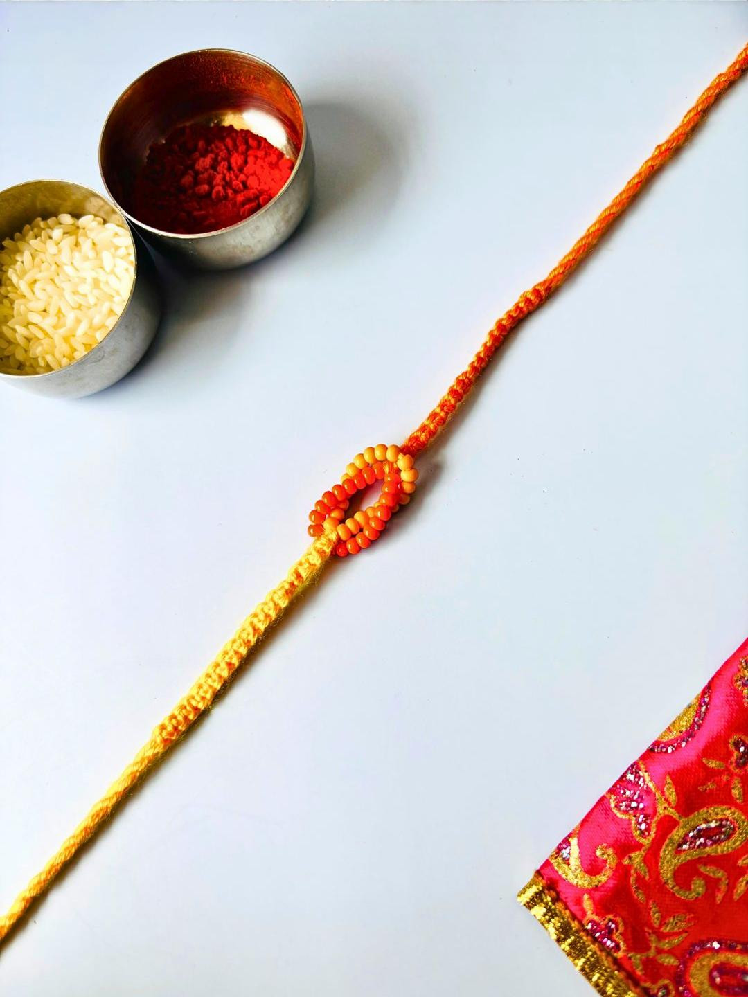 Orange and Yellow Beaded Handcrafted Rakhi Traditional Handmade Rakhi for Brother