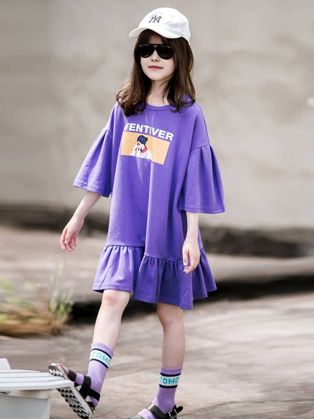 INCLUD Girls Typography Print Bell Sleeves T-shirt Dress