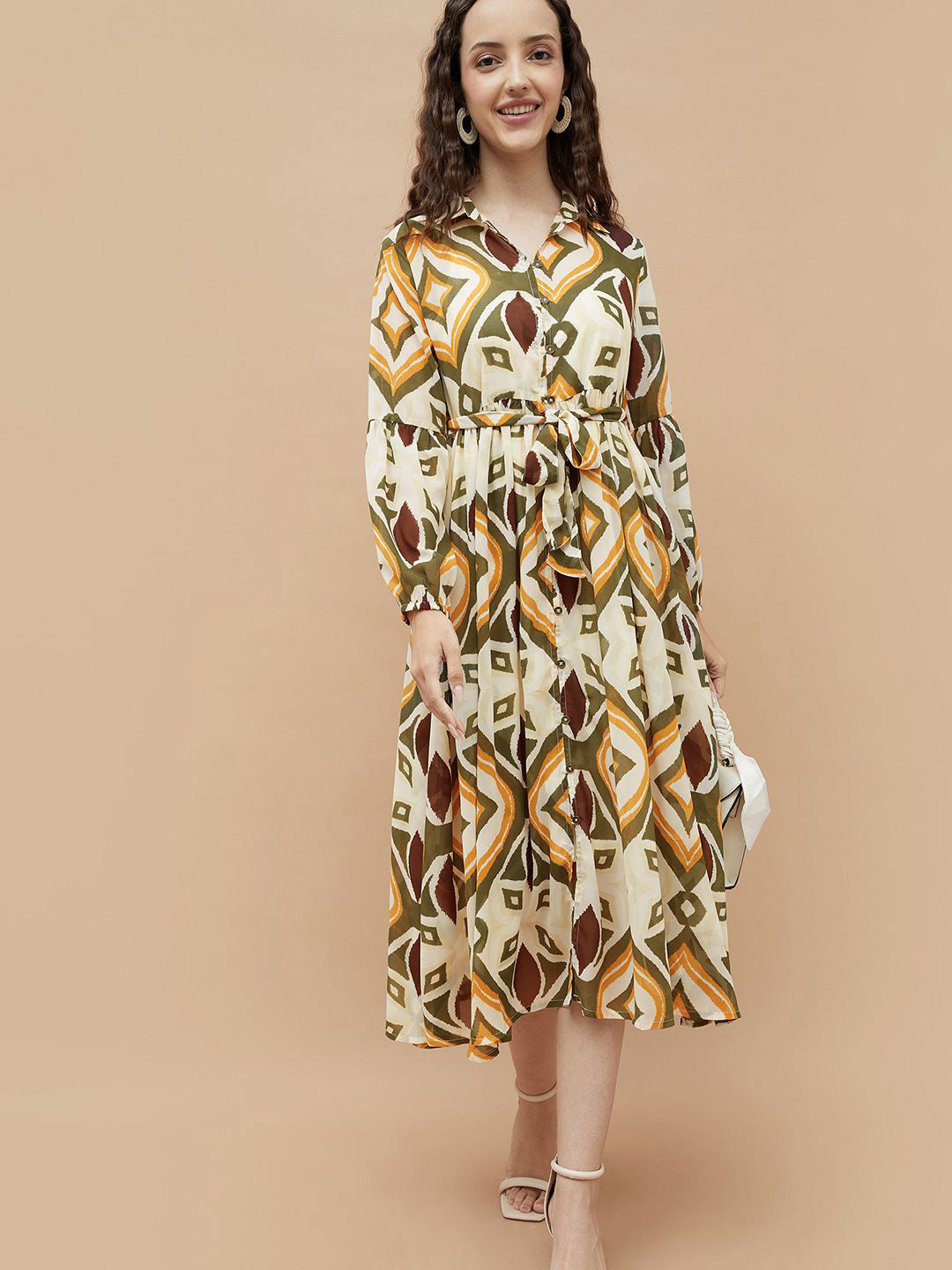 Colour Me by Melange Women Geometric Printed Puff Sleeve Shirt Midi Dress