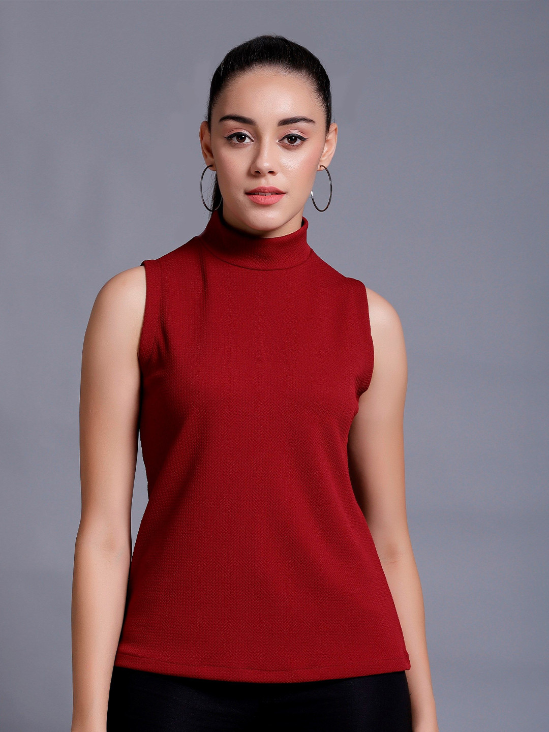 TANDUL Women Rbbed High Neck Sleeveless Top