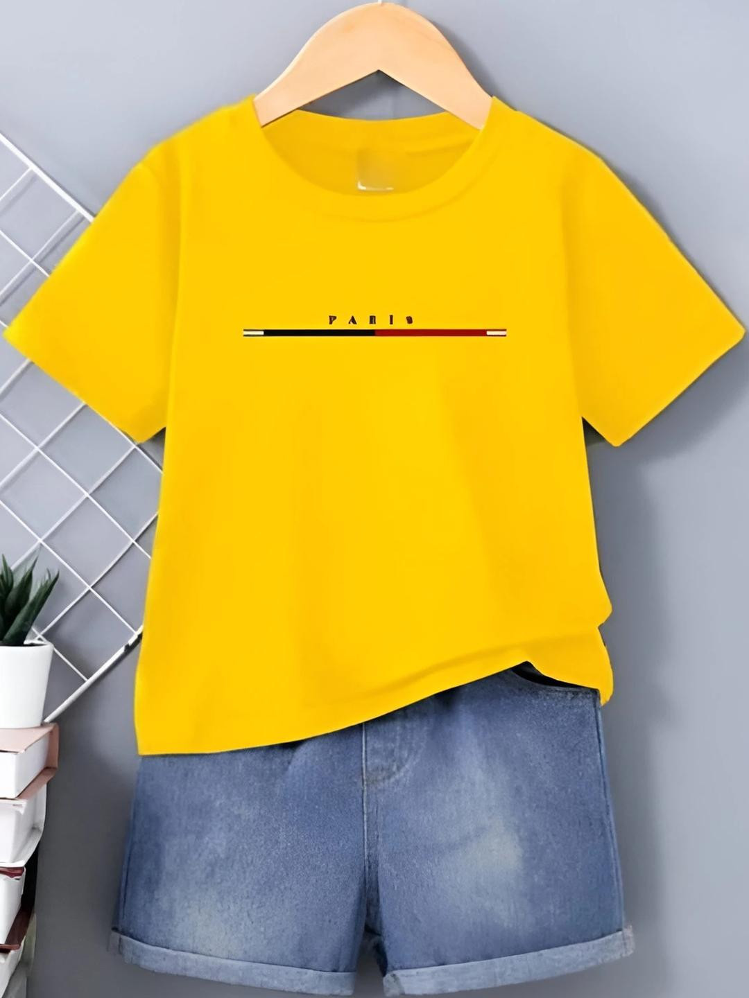 ELPIXIE FASHION Unisex Kids Yellow T-shirt with Denim Shorts