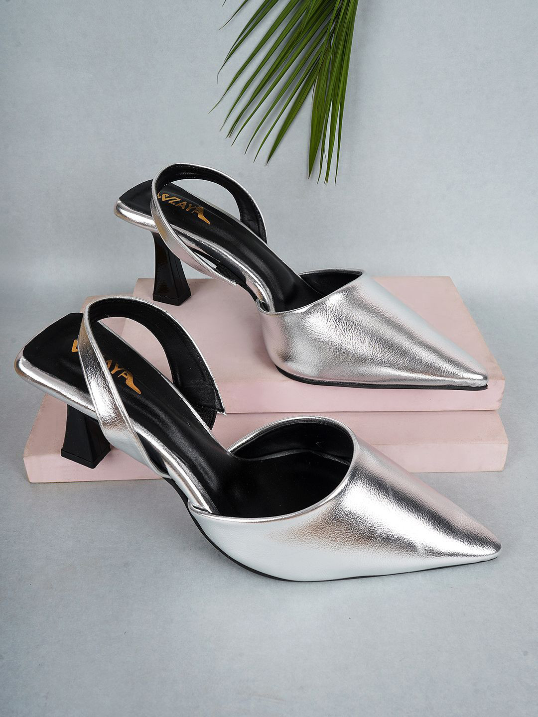 WZAYA Women Metallic Pointed Toe Slim Heeled Pumps