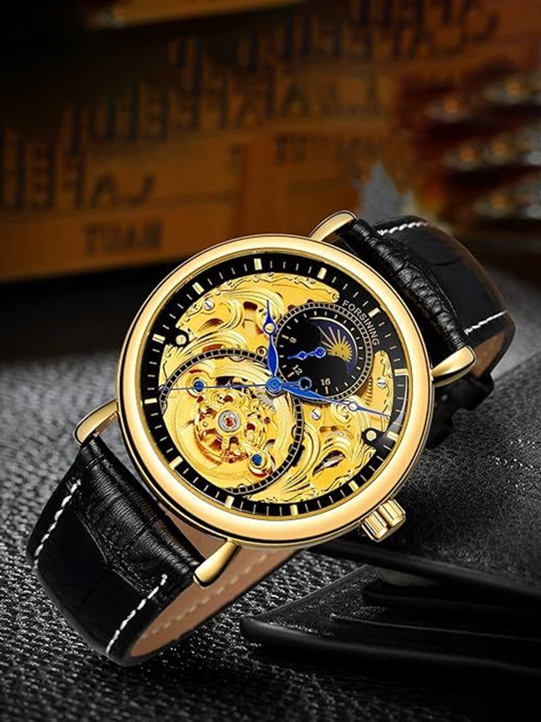 FORSINING Men Automatic Moon Phase Tourbillon Watch with Leather Strap