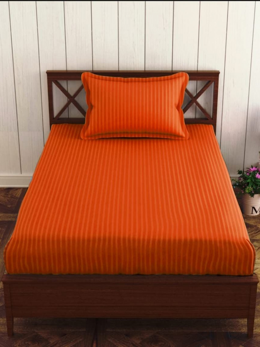 Trance Home Linen Orange Striped Pure Cotton 200 TC Single Bedsheet Set-1.98 m x 91 cm
