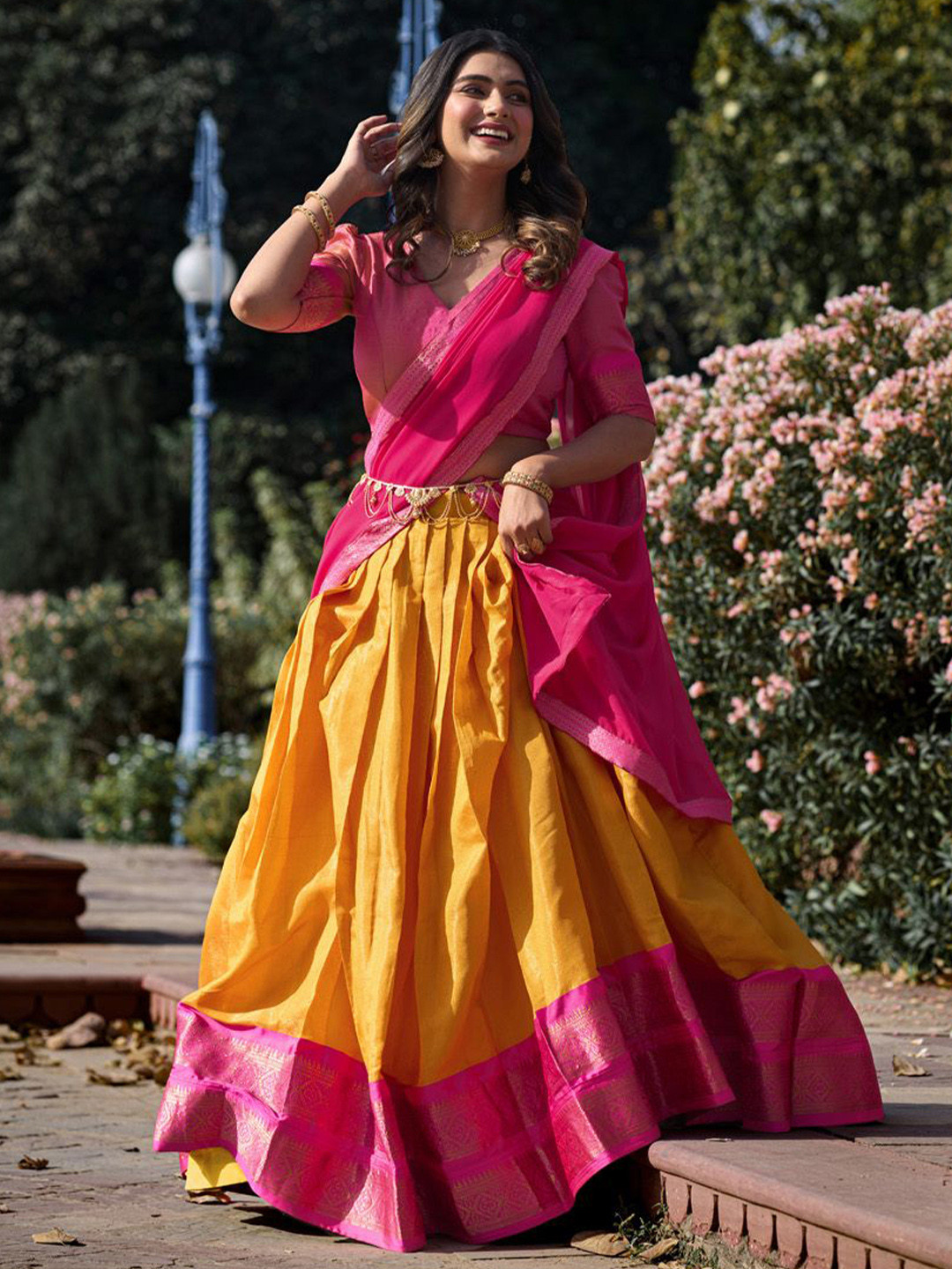 LOOKNBOOK ART Woven Design Ready To Wear Lehenga With Unstitched Blouse & Dupatta