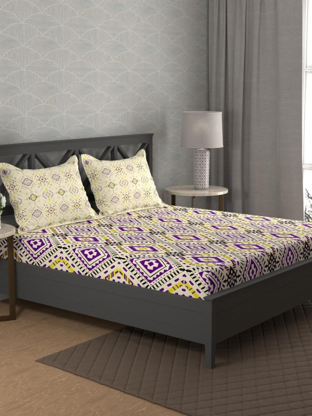 home expressions Purple & White Geometric 120 TC King Bedsheet 274 m X 274 m