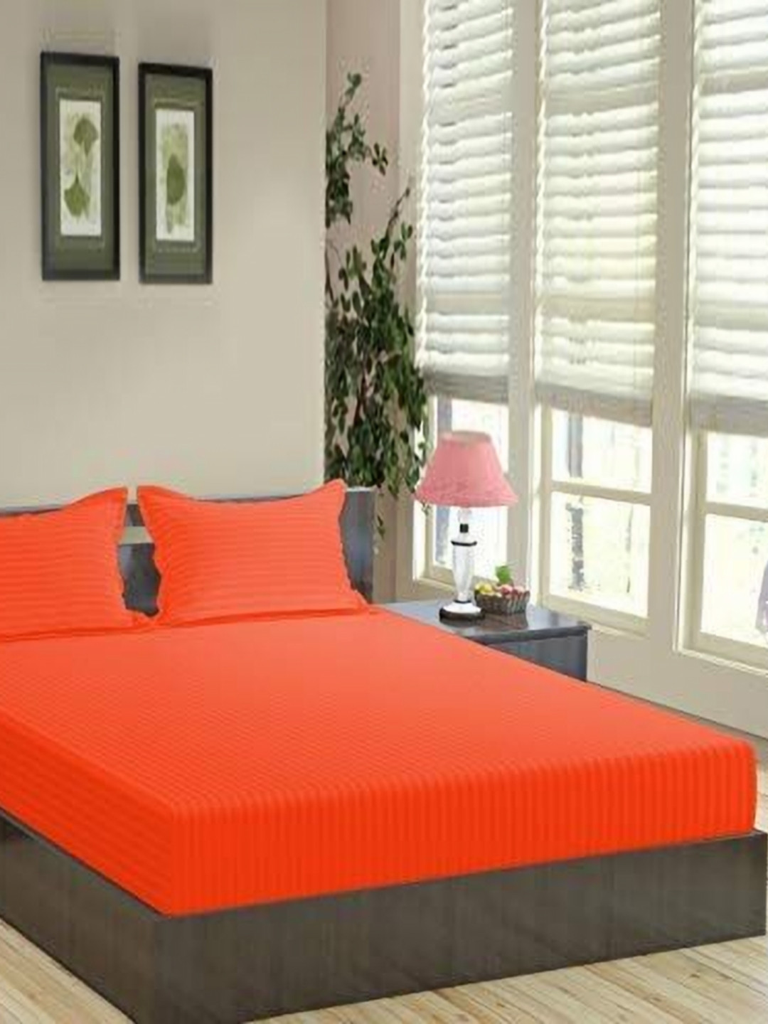 Trance Home Linen Orange Striped Pure Cotton 200 TC Queen Bedsheet Set -1.98m x 1.52m