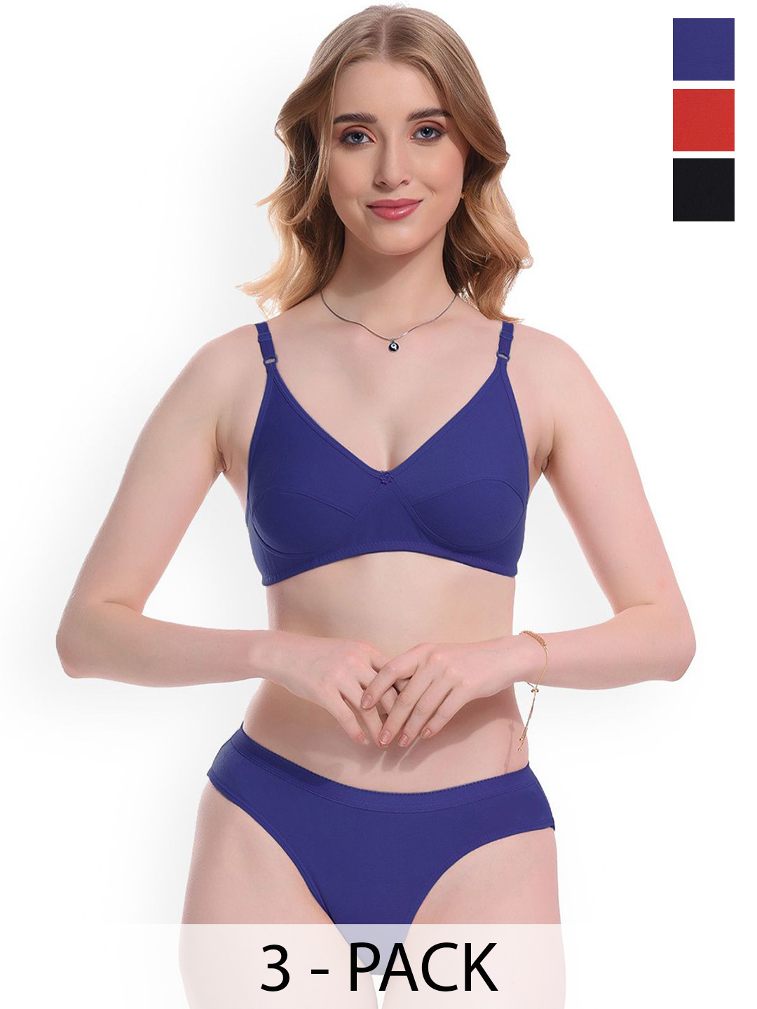 Samvar Pack Of 3 Cotton Non Padded Laced Lingerie Set Ruchi-Set_R,B,Bl