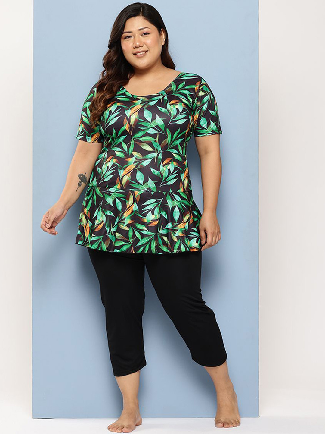 BAESD Plus Size Printed Swimwear & Attached Shorts With Cap