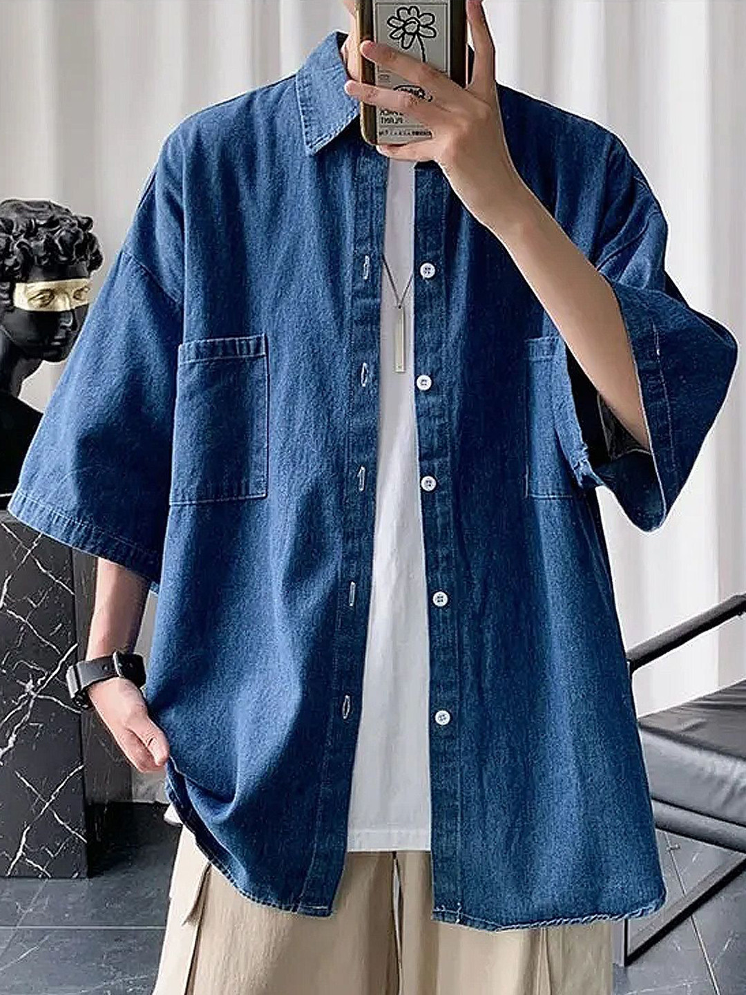 LAUREN ADAMS Denim Spread Collar Drop Shoulder Sleeves Oversized Casual Shirt
