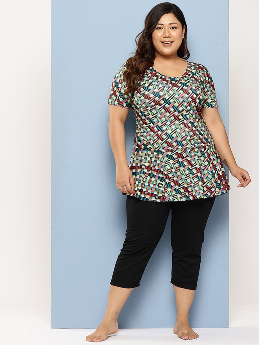 BAESD Plus-Size Checked Swimwear With Attached Capris & Cap