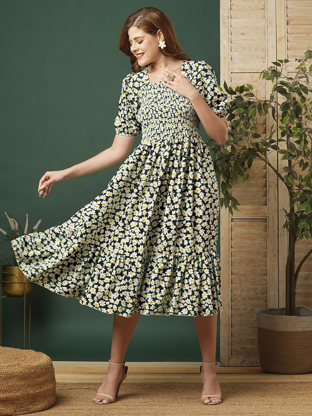 PTVIZE Women Floral Midi Dress with Square Neck