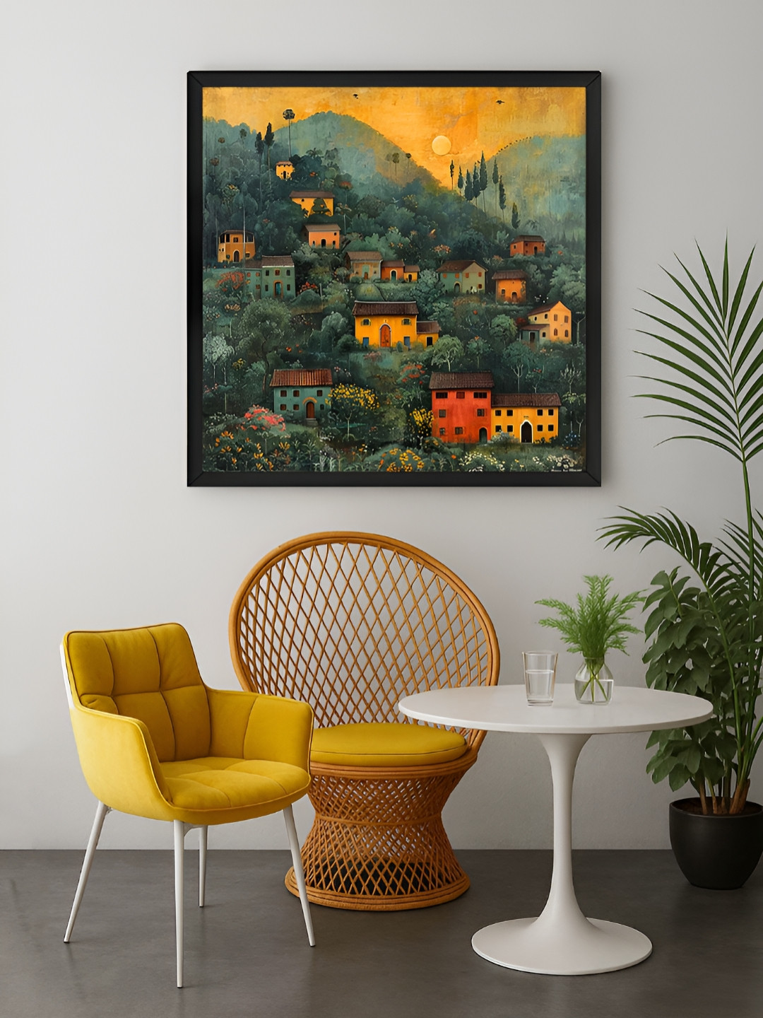 999Store Green & Orange Village at Dawn Canvas Wall Art