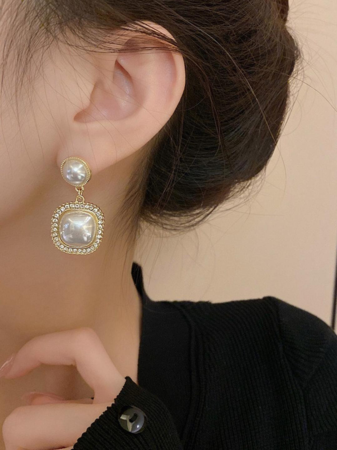 TheVineGirl Gold-Plated Amazing Korean Square AD-Pearl Earrings For Girls & Women