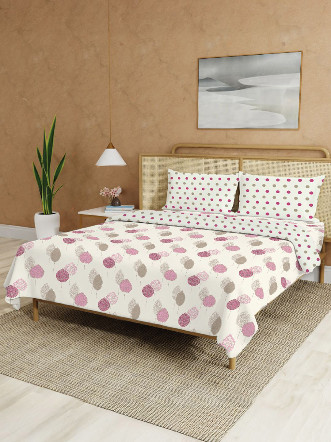 URBAN SPACE Drops Pink & Grey Printed Pure Cotton Double Queen Superfine Bedding Set