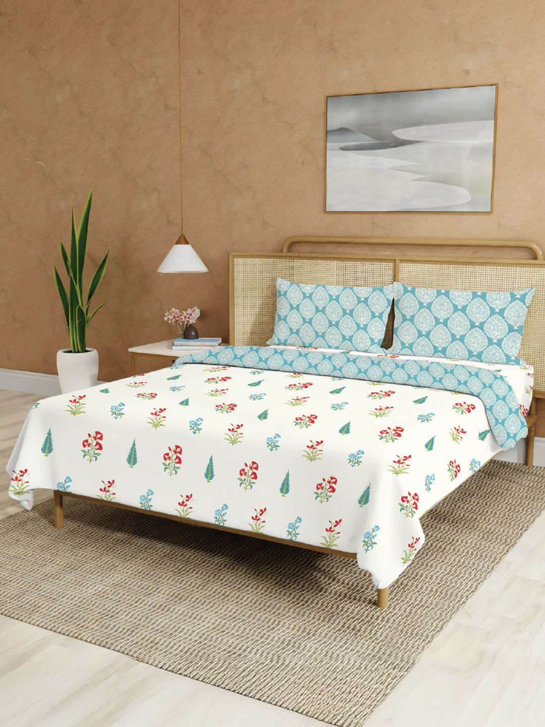 URBAN SPACE High Garden Red Printed Pure Cotton Double Queen Superfine Bedding Set