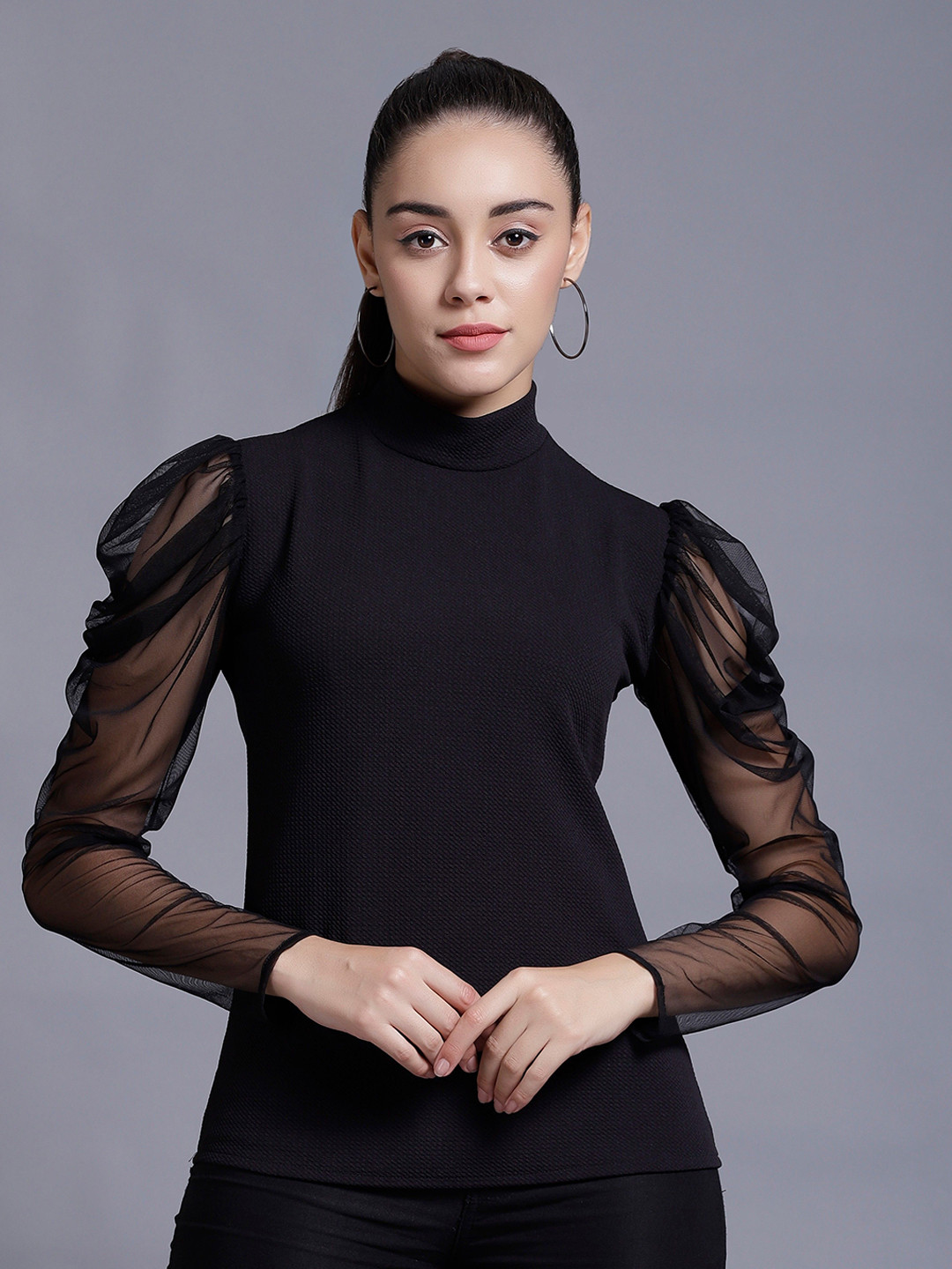 TANDUL Women Solid High Neck Long Sleeves Top