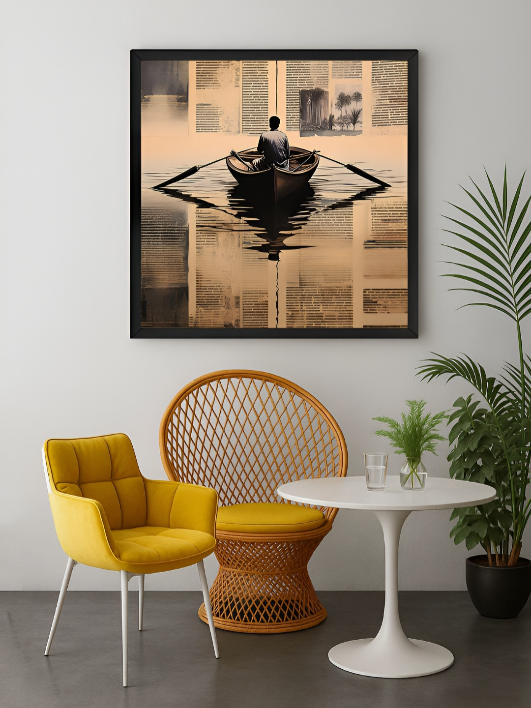 999Store Brown & Black Solitary Voyage A Thoughtful Rowing Boat Canvas Wall Art