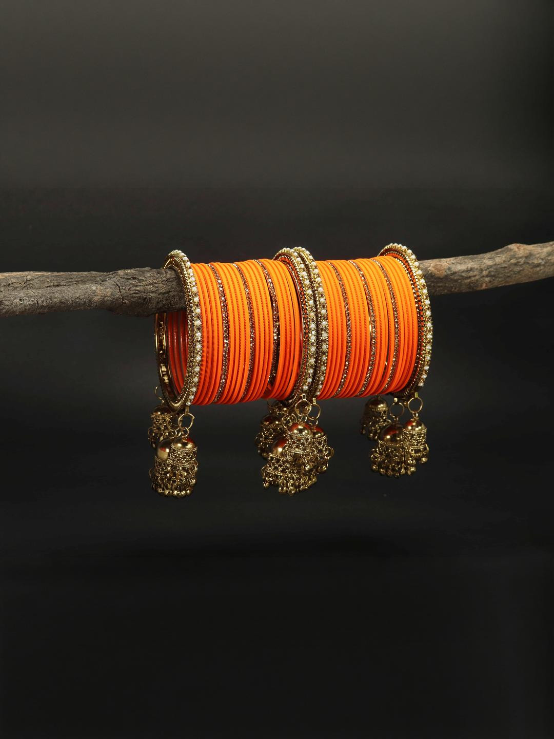 Amika Women Jhumka Traditional Latkan Orange Bangle Set