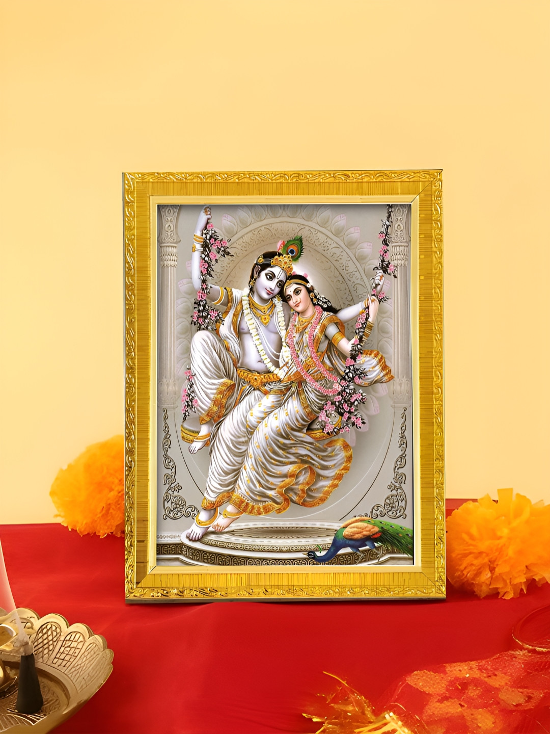 Art Street Gold Toned & White Sri Radha & Krishna Printed Photo Frame