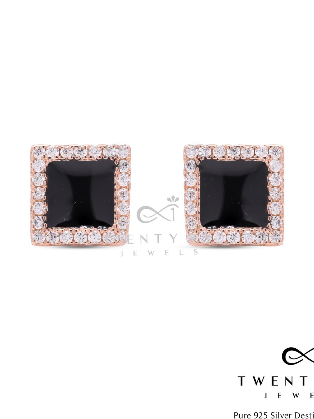 Black Enamel and American Diamond Auris Rose Gold Finish Studs On Pure 925 Silver