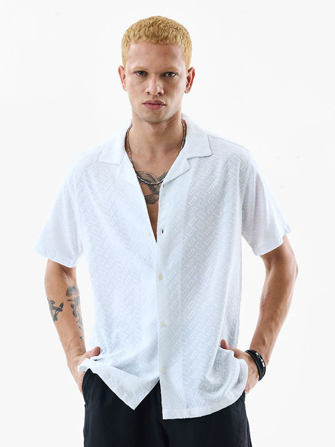 Snitch Geometric Viscose Rayon Short Sleeves Boxy Fit Shirt