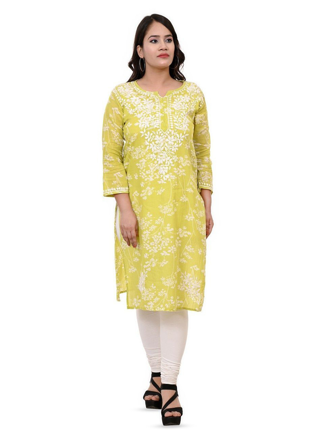 THREAD FIESTA Floral Woven Design Notch Neck Cotton Chikankari Straight Kurta