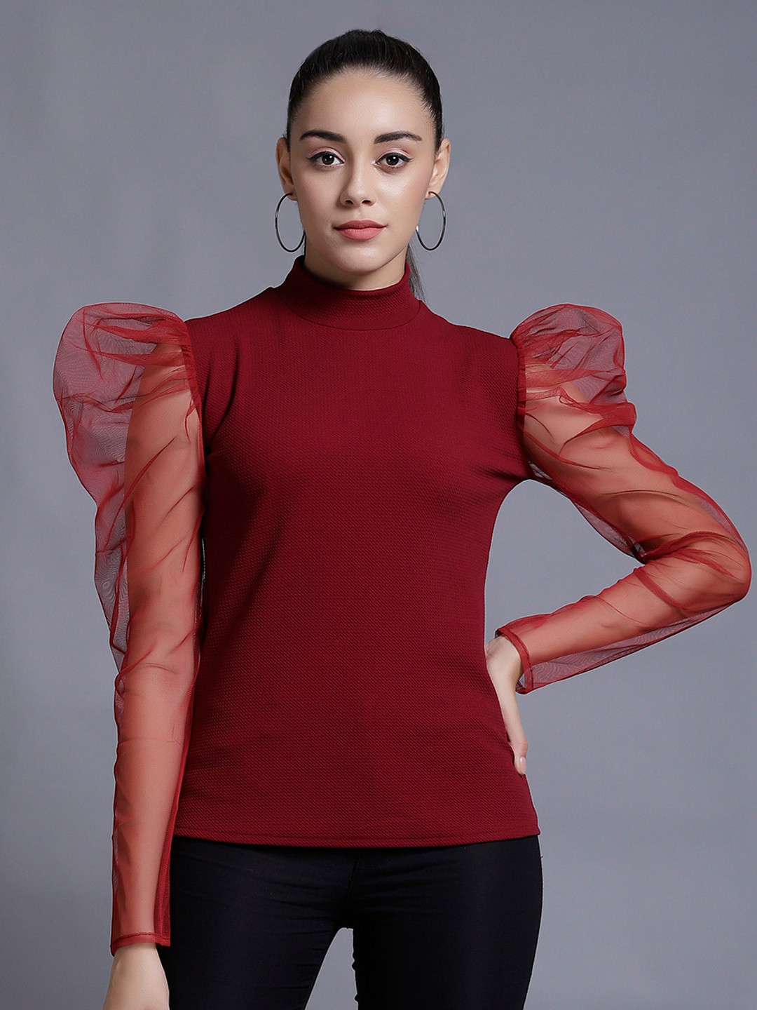 TANDUL Women High Neck Puff Sleeves Top