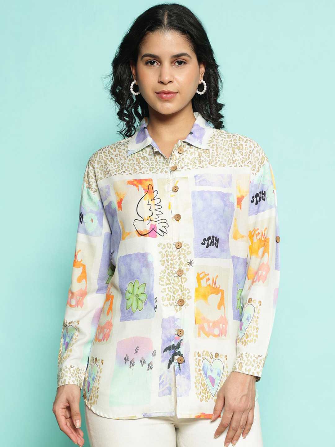 AC&F Classic Graphic Printed Spread Collar Casual Oversized Shirt