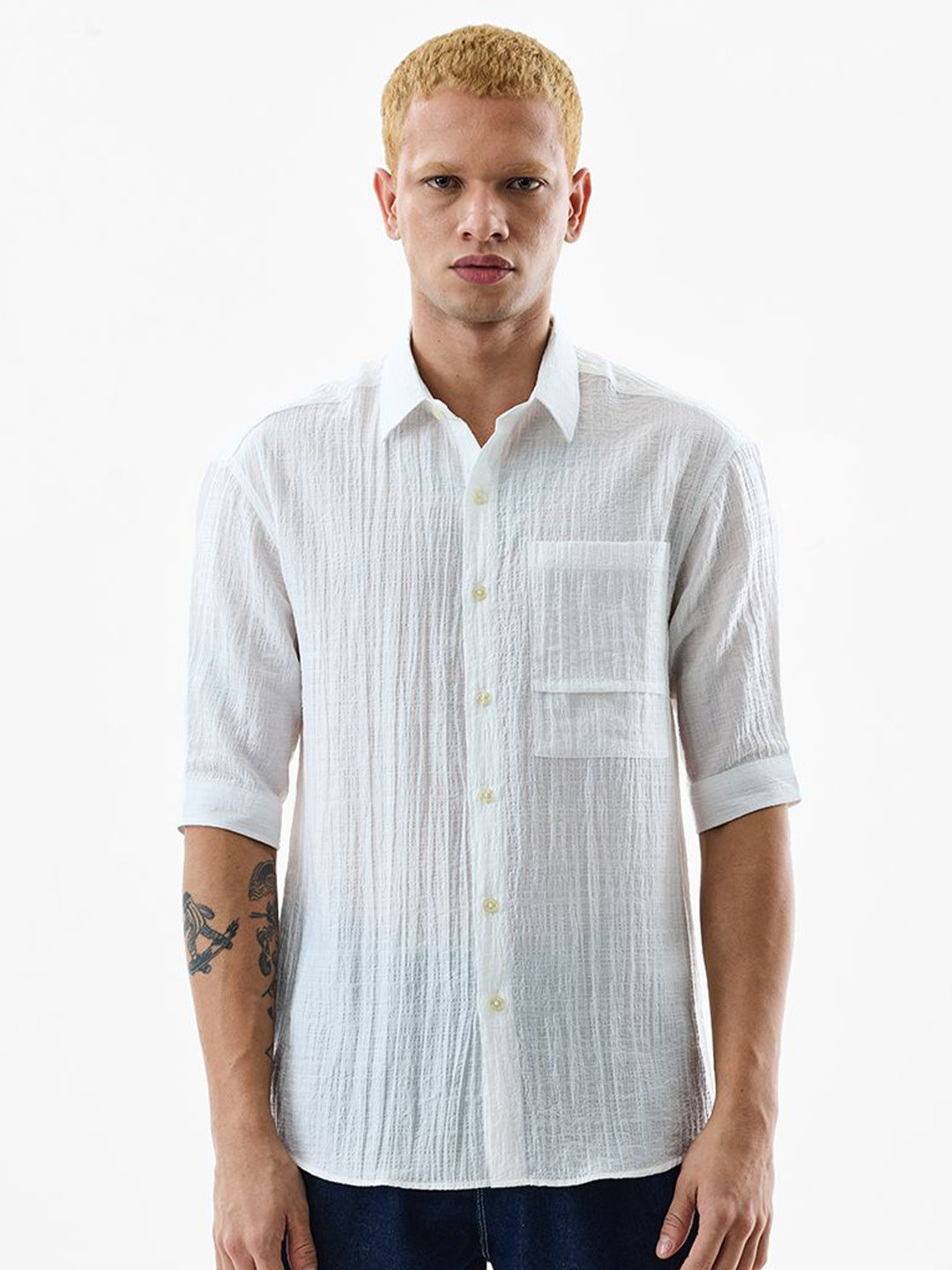 Snitch Men Textured Spread Collar Casual Shirt