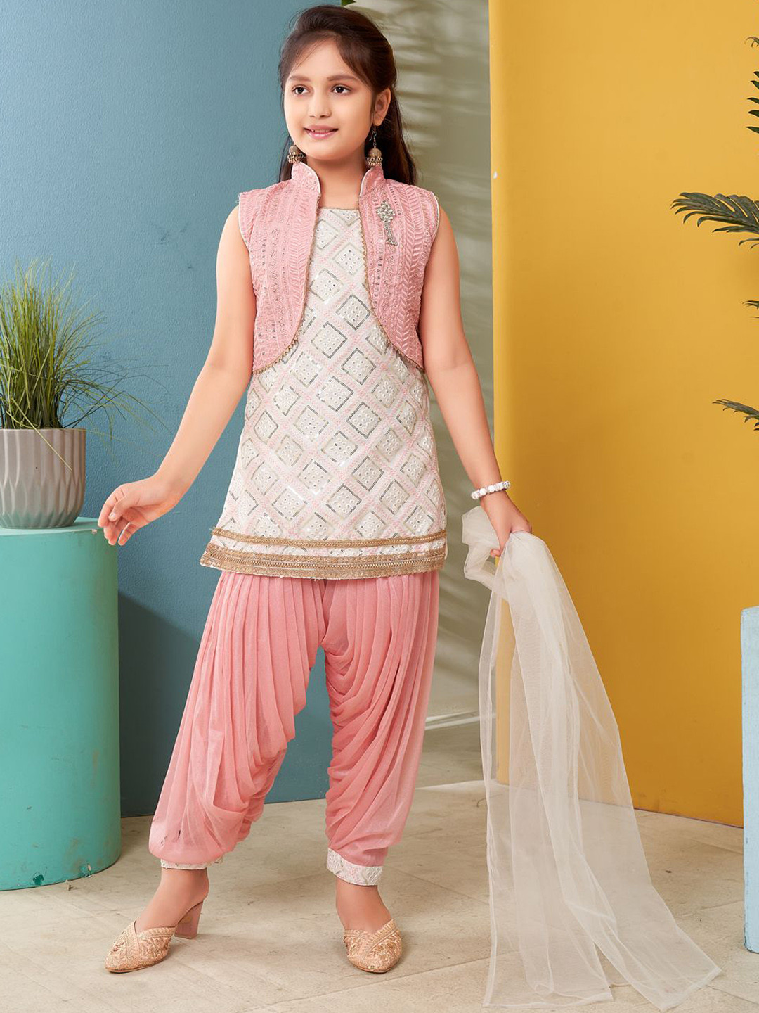 BAESD Girls Sequin Embroidery Lace Work Kurti Patiala With Dupatta & Jacket