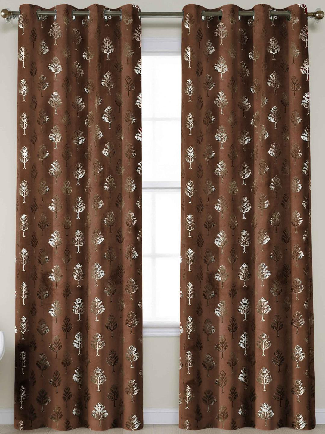 IVAZA Coffee Brown Set of 2 Floral Black Out Door Curtain