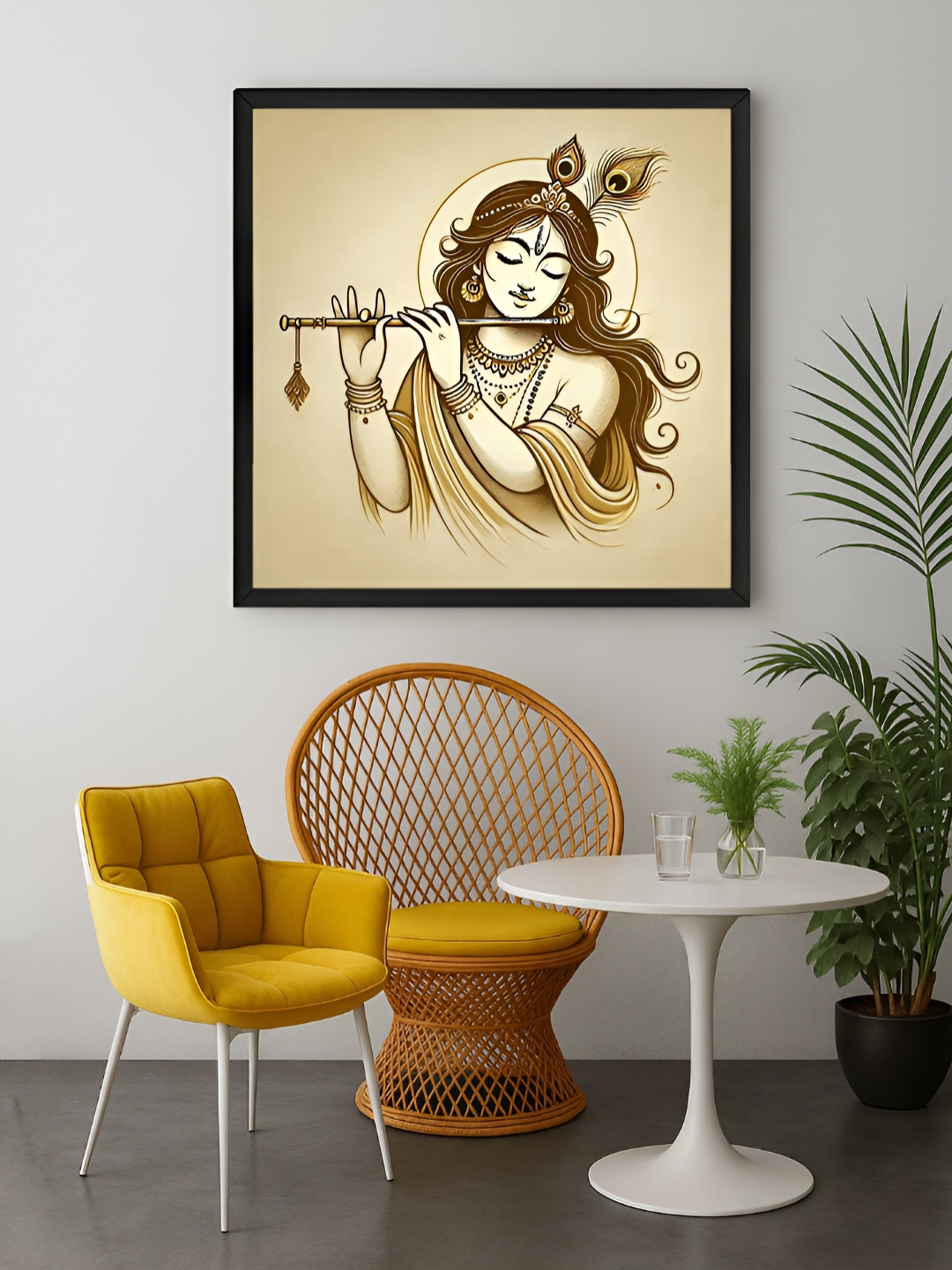 999Store Tan & Off White Lord Krishna With Flute Canvas Wall Art