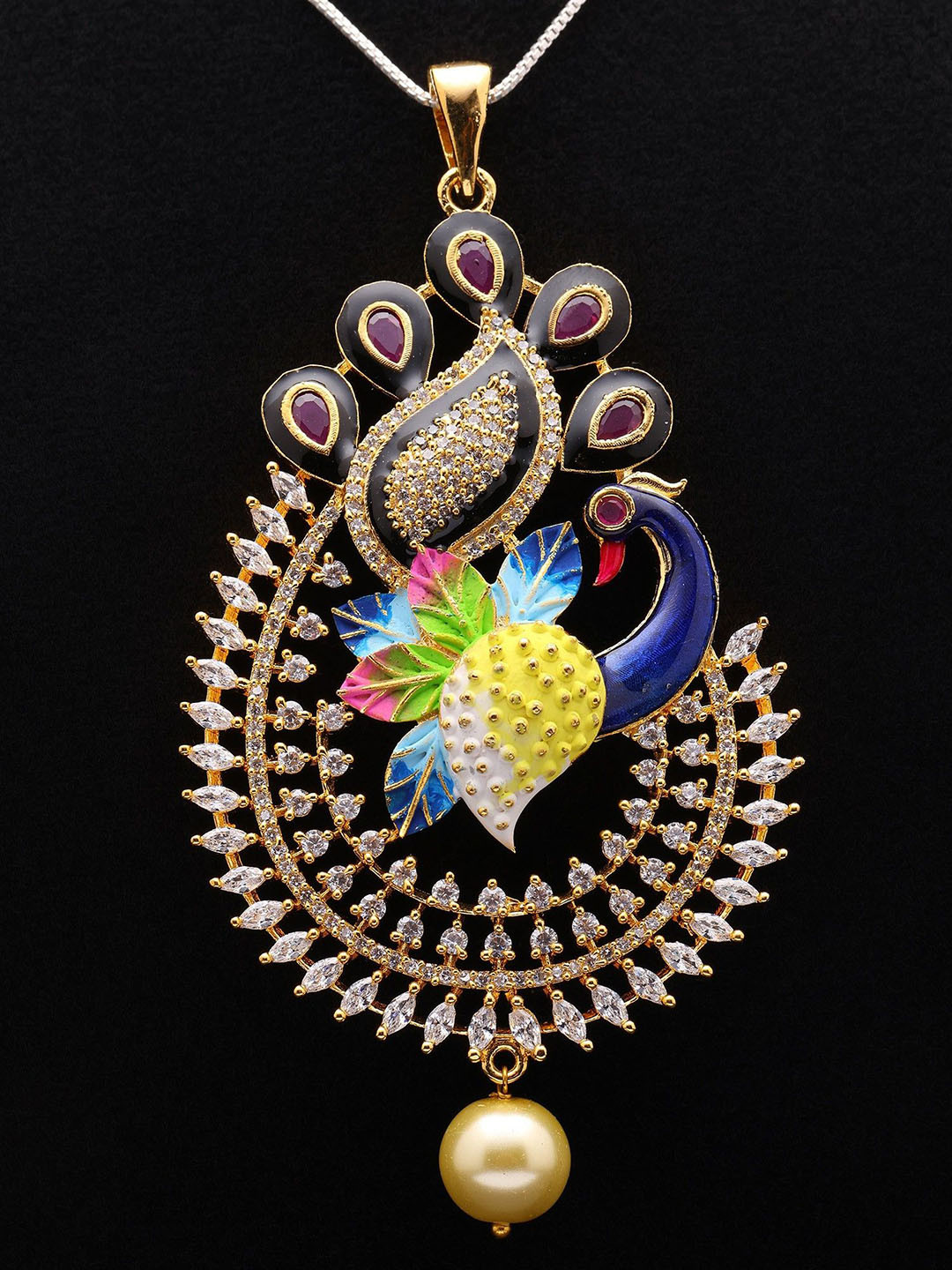 Exotic India Stone-Studded & Pearl Peacock  Jewellery Set