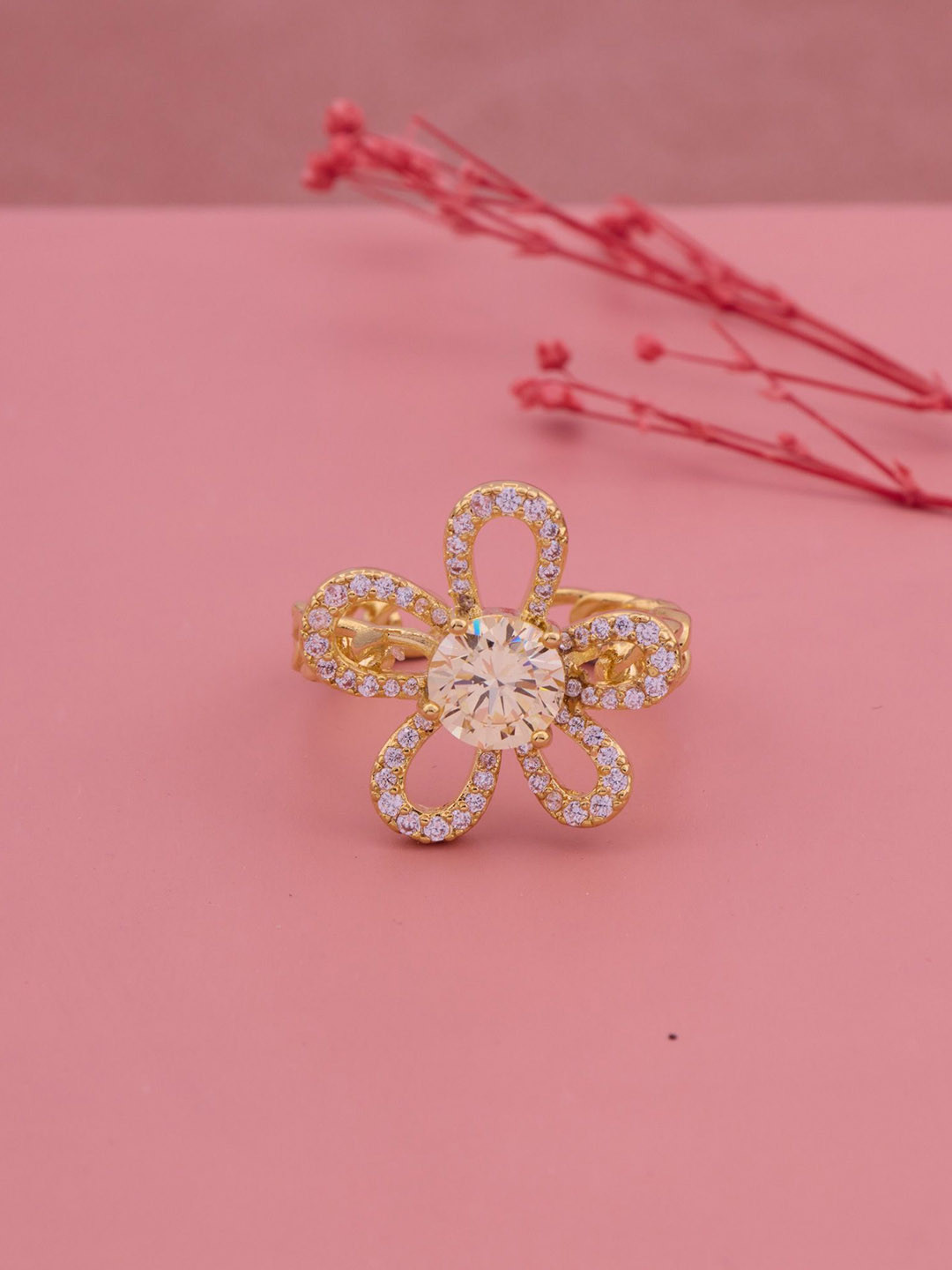 GC PREMIUM JEWELLERY Stainless Steel Cubic Zirconia Studded Flower Finger Ring
