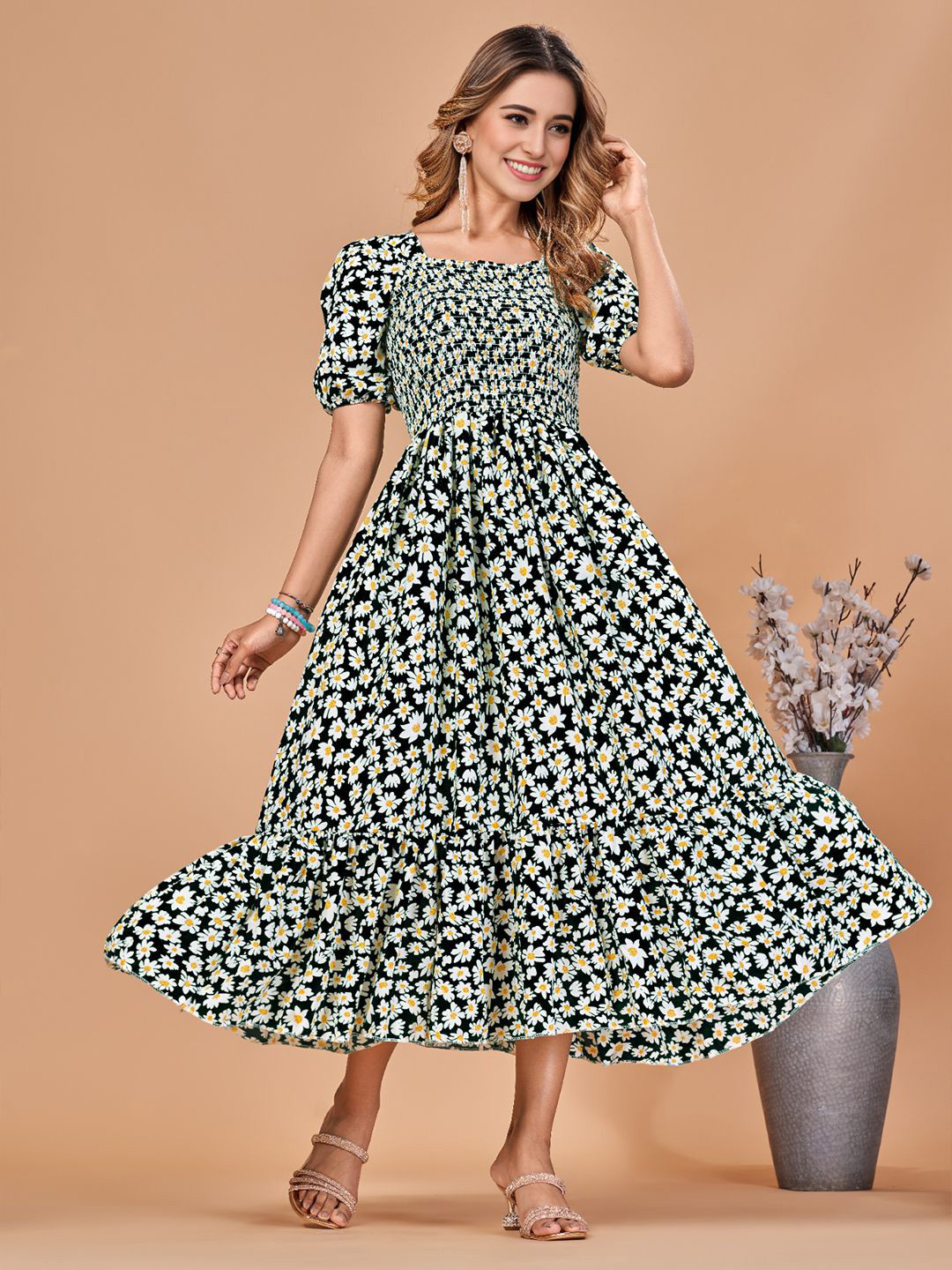 PTVIZE Wimen Floral Printed Smocked Tiered Crepe Fit & Flare Dress