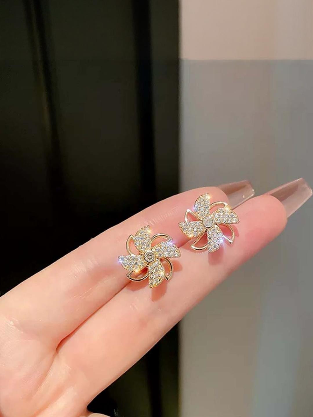 TheVineGirl Korean Studded Windmill Rotating Gold-Plated Stud Earrings