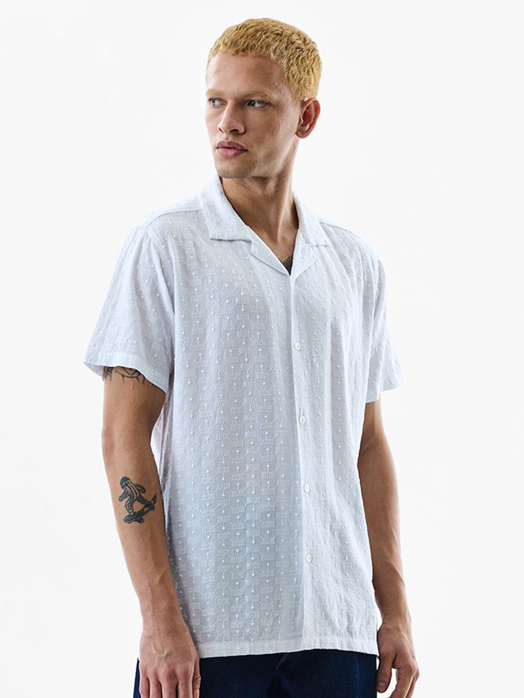 Snitch Geometric Embroidered Semi Sheer Boxy Casual Shirt