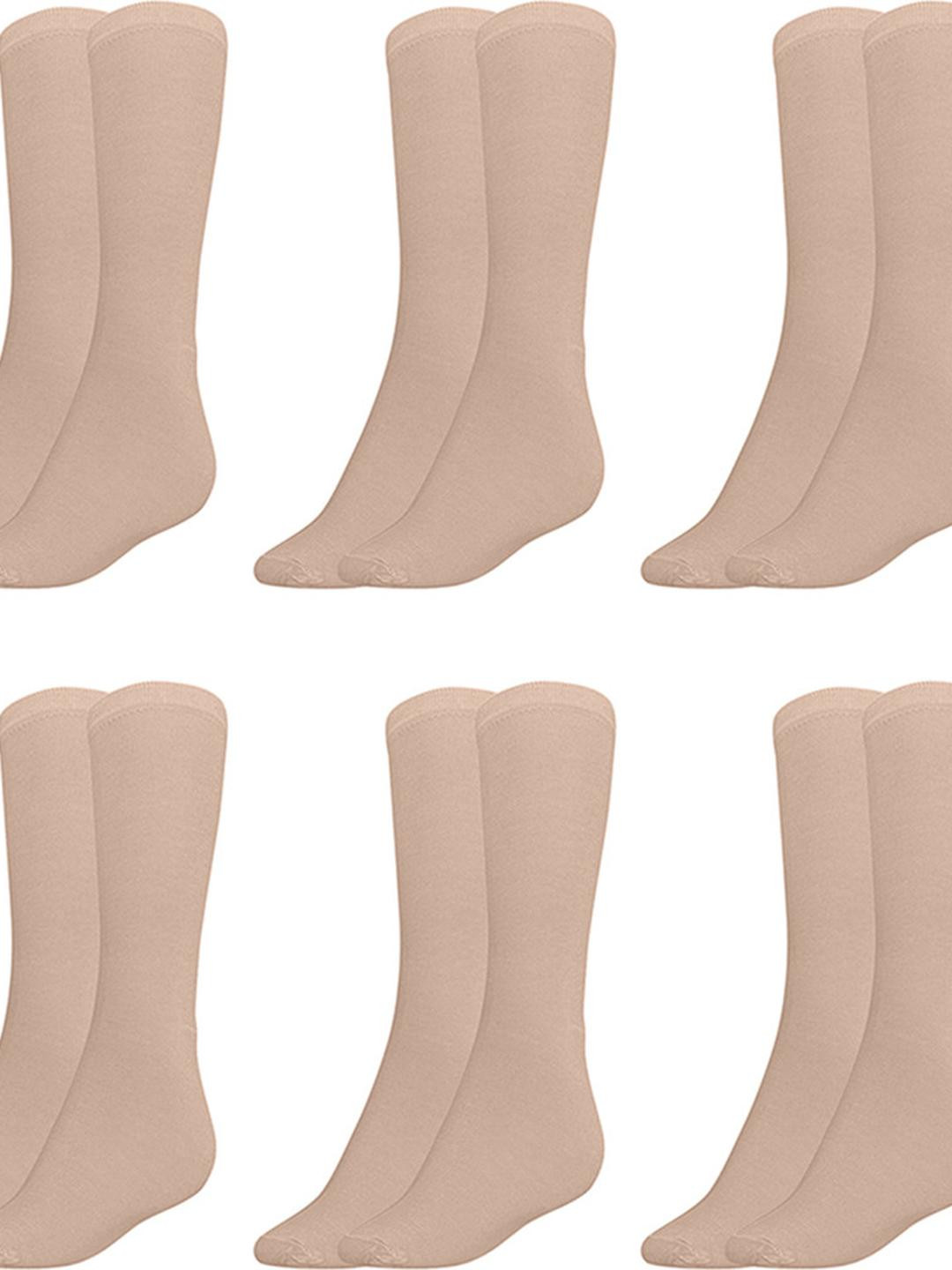 MUKHAKSH Girls 6 Pairs Cotton Plain Beige Calf length Socks