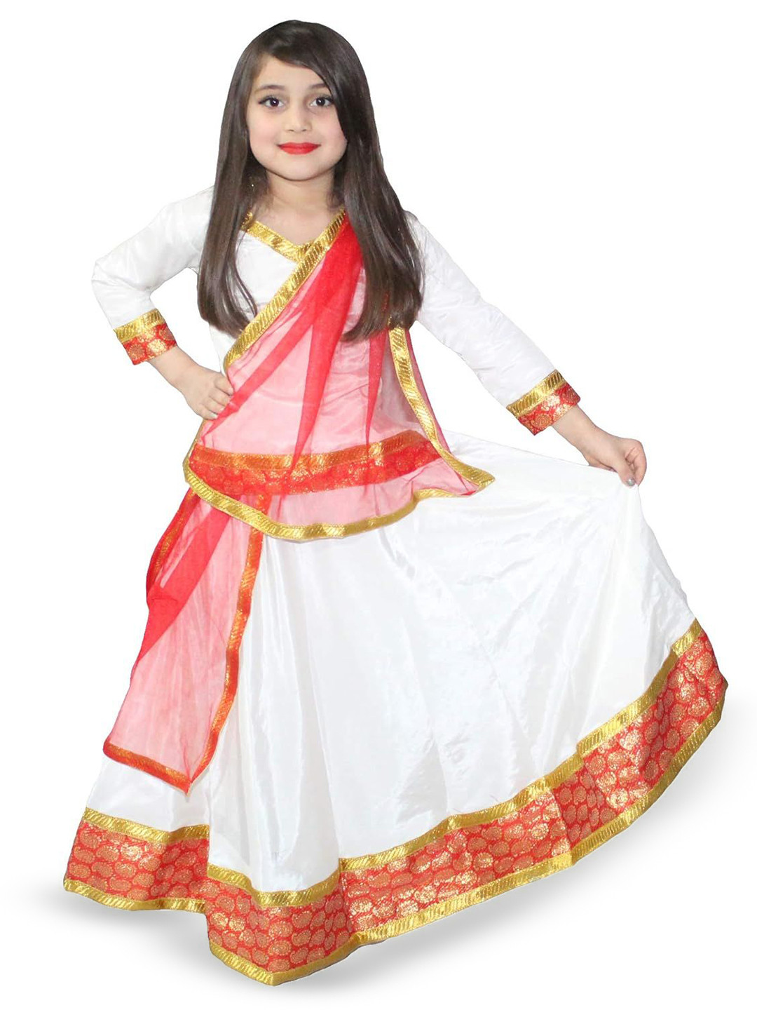 Kaku Fancy dresses Girls V-Neck Kathak Lehenga With Top & Dupatta