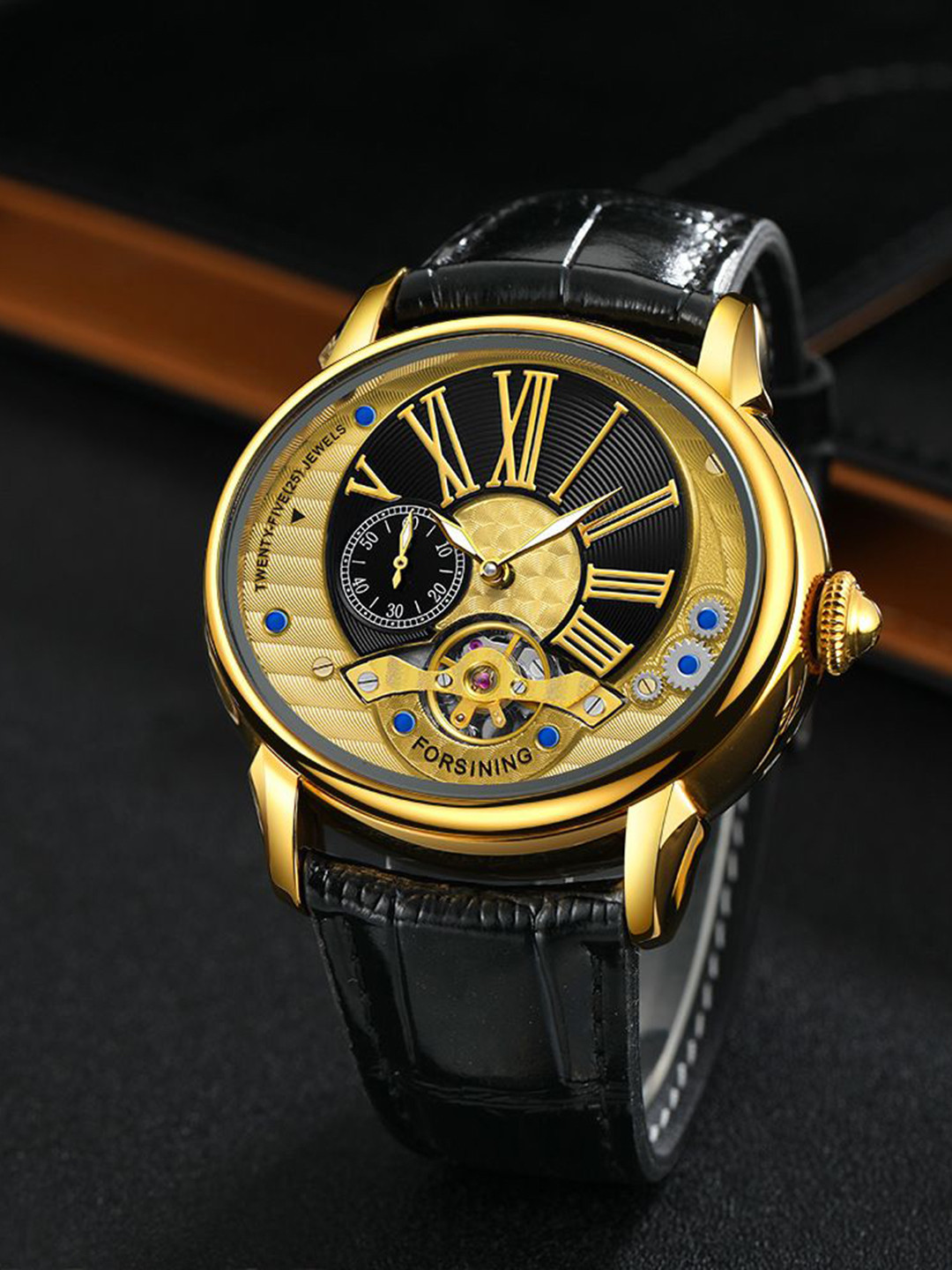 FORSINING Men Skeleton Analog Watch with Round Dial & Stainless Steel Strap