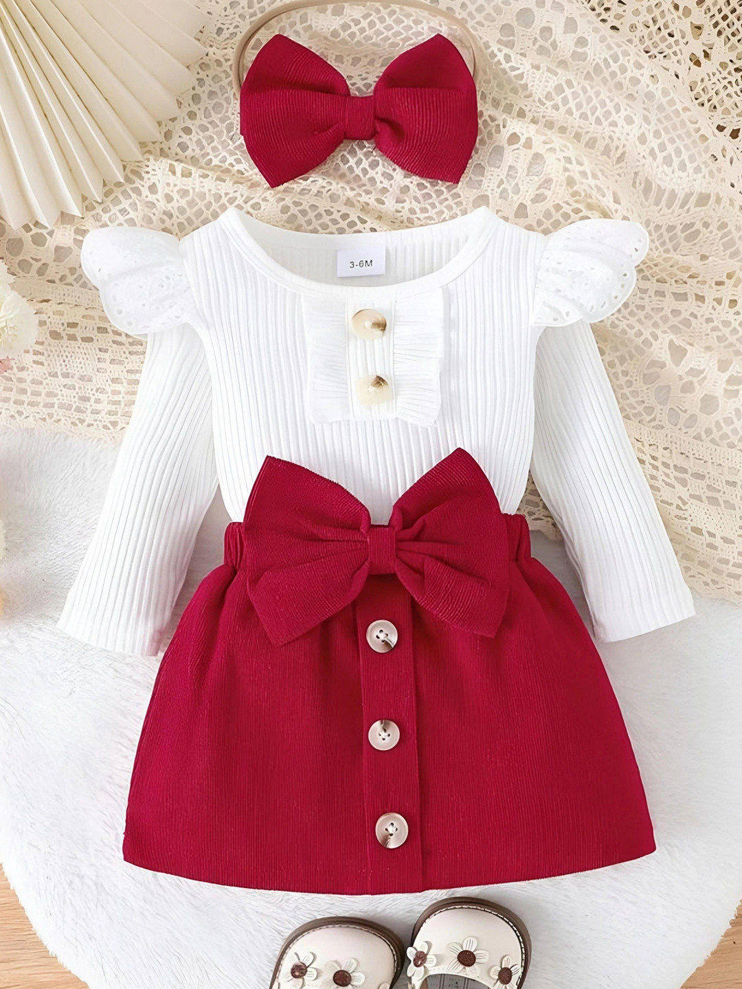 BR WORLD COLLECTION Girls Self Design Round Neck Top With Skirt & Hair Band