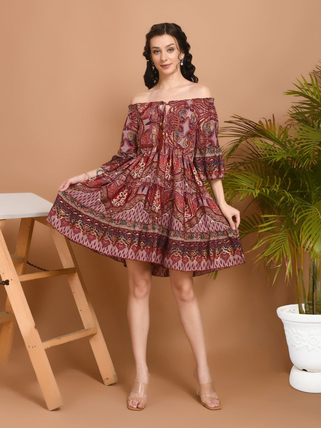 Boholyfe Women Carmine Paisley Off-Shoulder Short Dress