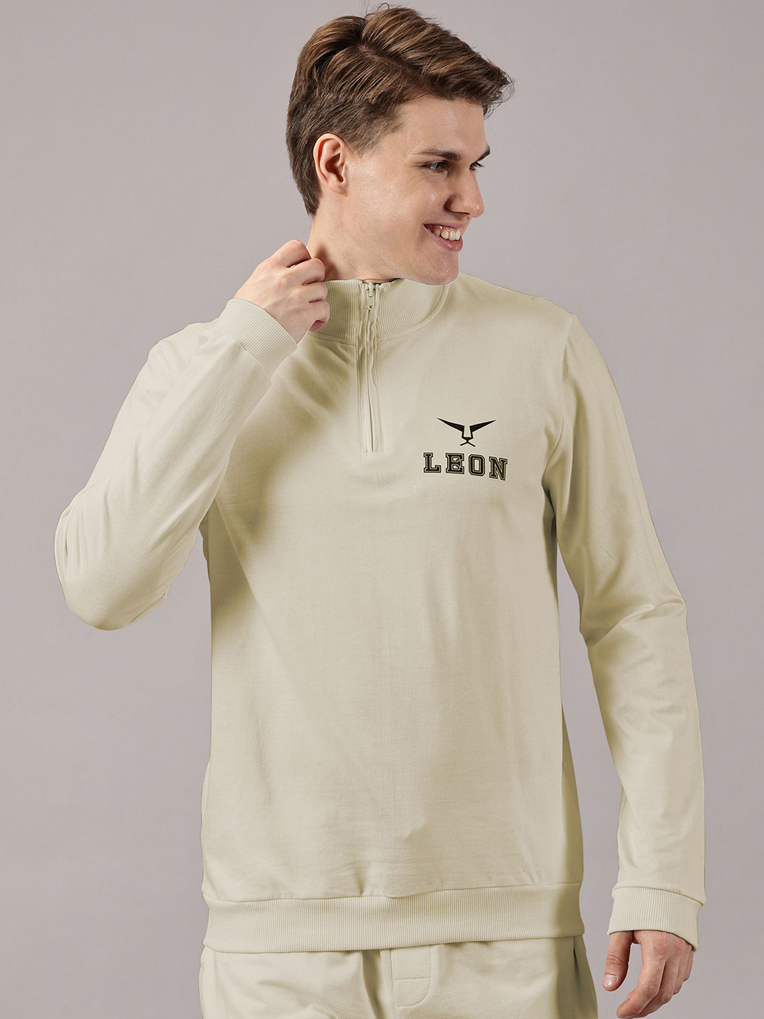 LEON Men Typography Printed High Neck Front Open Sweatshirt