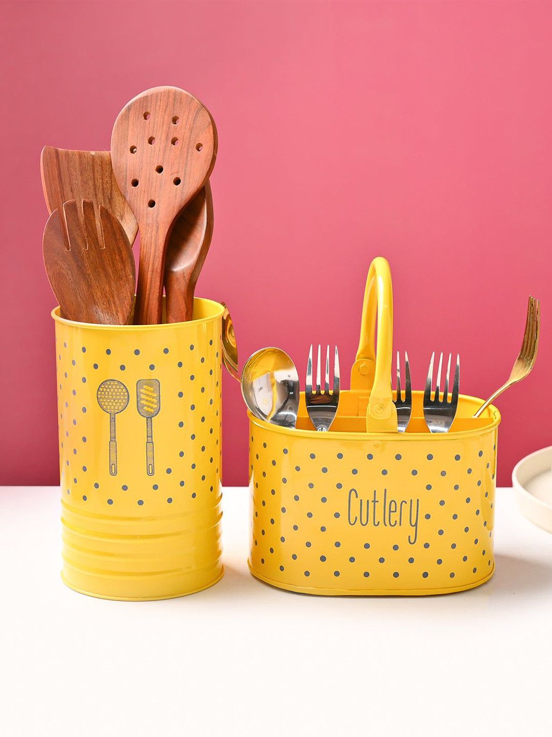 MARKET99 Yellow & Grey 2 Pieces Polka Dot Printed Glossy Finish Cutlery & Ladle Holder
