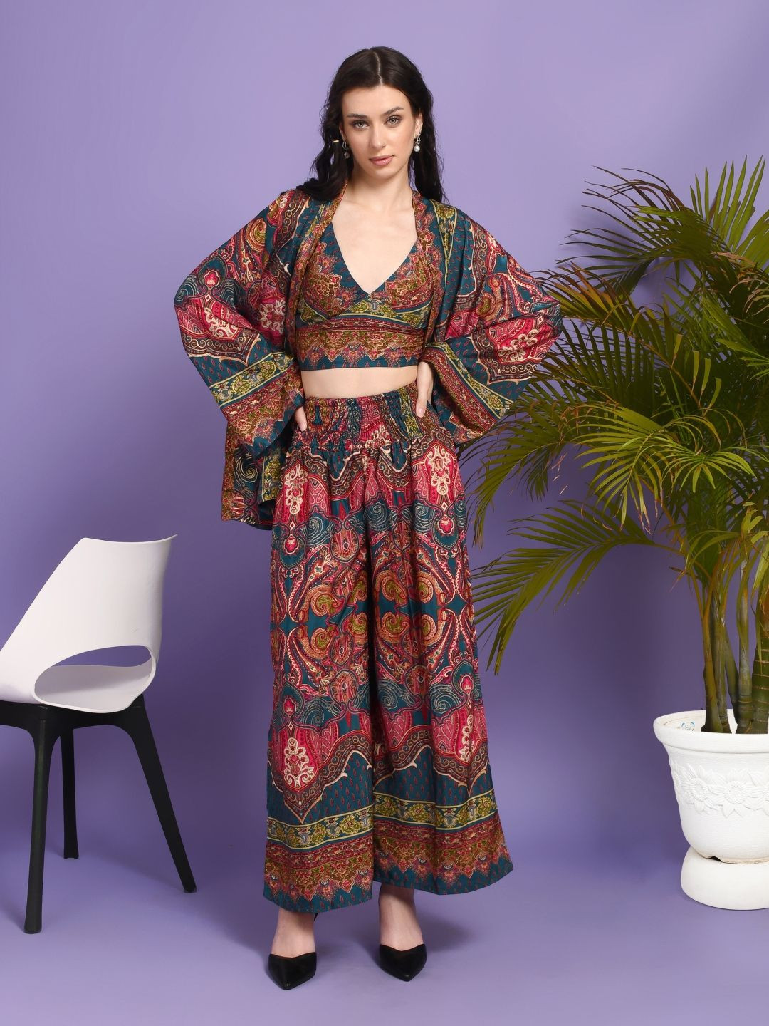 Boholyfe Avani Foil Whisper Top & Palazzo With Shrug Co-Ords