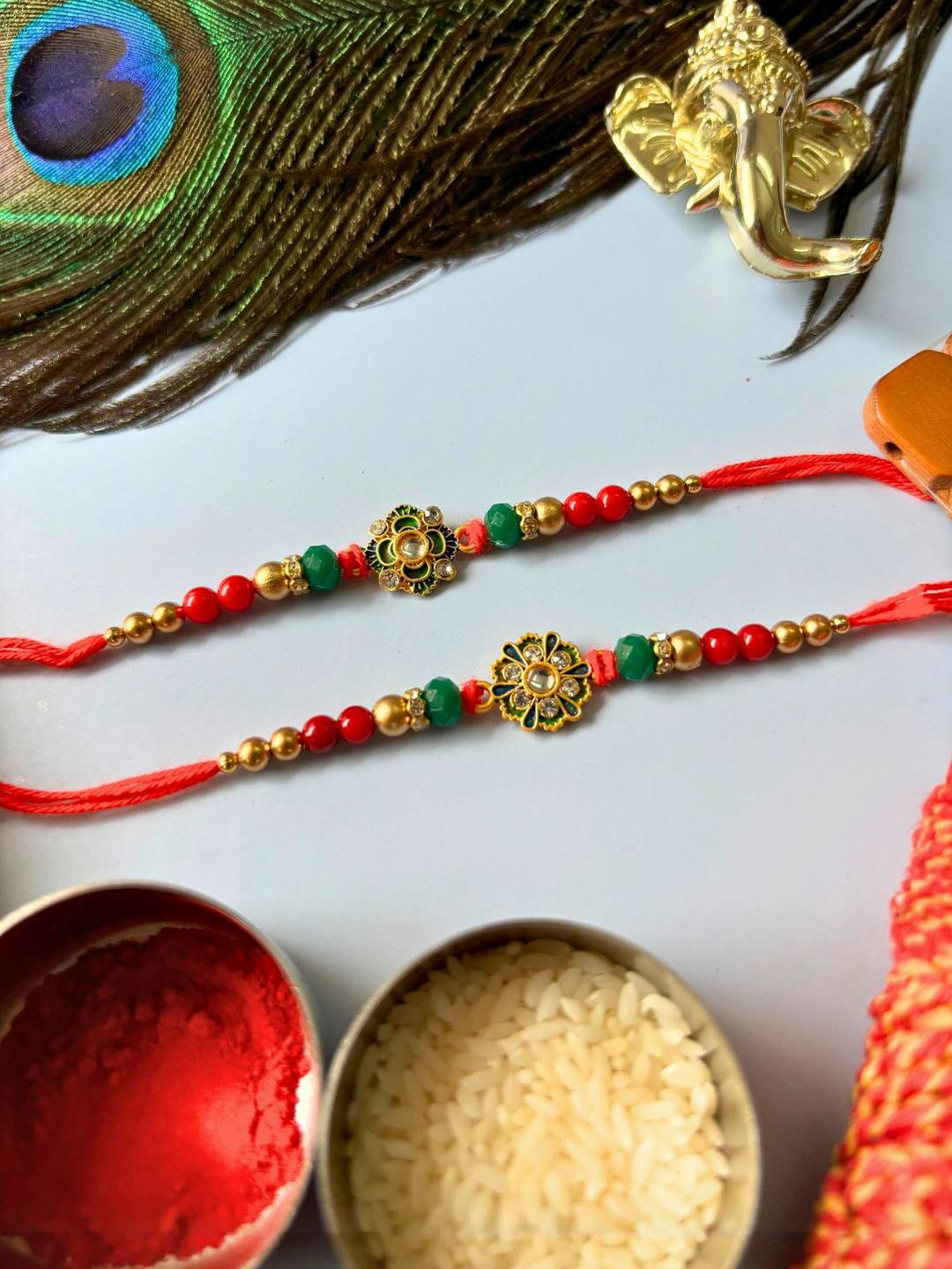 Set of 2pc Stone Studded & Beaded Thread Rakhi Meenakari Kundan Traditional Handmade Rakhi for Brother